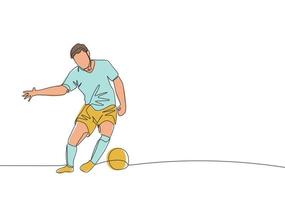 1 solteiro linha desenhando do jovem Forte futebol defensor quadra a bola e ao controle isto evitando oponentes. futebol Combine Esportes conceito. contínuo linha desenhar Projeto vetor ilustração