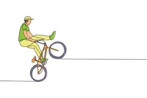 um desenho de linha contínua de jovem ciclista bmx realizando truque perigoso no skatepark. ilustração em vetor conceito esporte radical. design dinâmico de desenho de linha única para cartaz de promoção de eventos