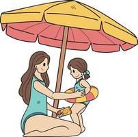 mão desenhado fêmea turistas aplicando protetor solar para seus crianças ilustração dentro rabisco estilo vetor