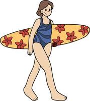 mão desenhado fêmea turista com prancha de surfe ilustração dentro rabisco estilo vetor
