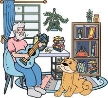 mão desenhado idosos jogando guitarra com cachorro ilustração dentro rabisco estilo vetor