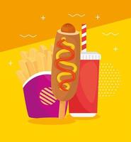 cachorro-quente com batata frita e bebida, combo fast food vetor