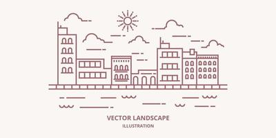 paisagem urbana em vetor de linha plana moderna. paisagem da cidade de linha fina com construção, nuvens, sol, rio. ilustração vetorial.