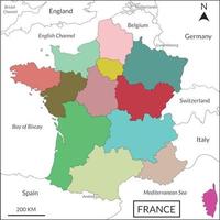 França mapa. francês mapa. Alto detalhado com multicolorido divisão 13 regiões incluir fronteira países, Itália, Bélgica, Suíça, Inglaterra, Luxemburgo, andorra, Espanha, Alemanha, Inglês canal, meditar vetor