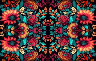 floral desatado tecido padronizar em Preto fundo. abstrato tecido têxtil linha gráfico flor florescendo Antiguidade. étnico colorida flores jardim vetor ornamentado elegante luxo vintage retro estilo.