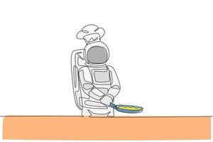 um chef de astronauta de desenho de linha contínua fritando um prato delicioso para o jantar com a panela. menu de comida de cozinha saudável no conceito de restaurante espacial. ilustração vetorial de design gráfico de desenho de linha única dinâmica vetor