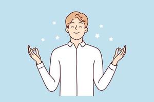 feliz jovem homem com mudra mãos meditar aliviar negativo emoções. sorridente calma masculino prática ioga pensar positivo. mental saúde conceito. vetor ilustração.