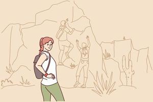 feliz mulher caminhada dentro montanhas. sorridente menina apreciar ativo viagem em fim de semana. esporte e natureza. vetor ilustração.