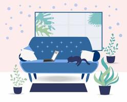 vivo quarto interior Projeto com dormindo gato e mobília cadeira, travesseiros, plantar e mesa com livros e copo. vetor