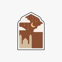 Ramadã eid Mubarak postar arte com boho arco. moderno islâmico padronizar. cartão com árabe mesquita torres e lua. religioso feriado. noite panorama vetor