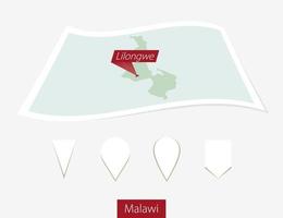 curvado papel mapa do malawi com capital Lilongwe em cinzento fundo. quatro diferente mapa PIN definir. vetor