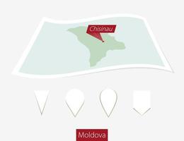 curvado papel mapa do Moldova com capital Chisinau em cinzento fundo. quatro diferente mapa PIN definir. vetor