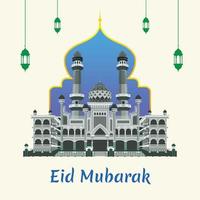 eid Mubarak cumprimento com masjid agung jamik Malang vetor ilustração, isolado em luz creme fundo.