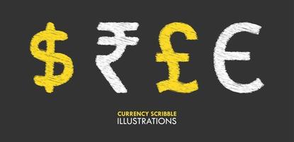 rabisco giz estilo rupia dólar libra euro moeda placa vetor ilustração