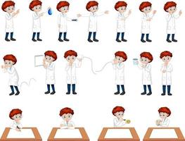 conjunto de um menino cientista em diferentes poses personagem de desenho animado vetor