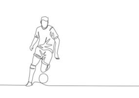 1 solteiro linha desenhando do jovem futebol craque babar uma bola tão calma às a corresponder. futebol Combine Esportes conceito. contínuo linha desenhar Projeto vetor ilustração