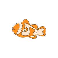 um desenho de linha contínua de adorável peixe-palhaço para a identidade do logotipo do aquário de água do mar. conceito de mascote anemonefish despojado para o ícone do show aquático. ilustração em vetor moderno desenho de linha única