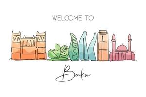 um único desenho de linha do horizonte da cidade de baku, azerbaijão. paisagem histórica da cidade no mundo. melhor impressão de pôster de decoração de parede de destino de férias. ilustração em vetor design de desenho de linha contínua na moda