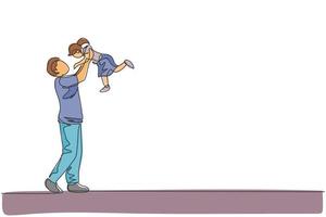 um desenho de linha contínua de jovem pai feliz levantando sua filha no ar, família brincar junta. conceito de família parentalidade amorosa feliz. ilustração em vetor desenho dinâmico de desenho de linha única