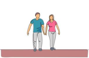 um único desenho de linha do jovem casal, esposa e marido caminhando juntos, segurando a mão na ilustração vetorial de parque. conceito de parentalidade de família feliz. design moderno de desenho de linha contínua vetor