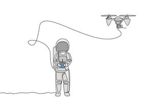 um astronauta de desenho de linha tocando o controle de rádio do avião drone na ilustração gráfica do vetor da terra da lua. fazendo hobby enquanto tempo de lazer no conceito de espaço profundo. design moderno de desenho de linha contínua