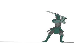 um desenho de linha contínua do jovem samurai shogun usando máscara pronta para atacar na sessão de treinamento. conceito de esporte combativo de arte marcial. ilustração em vetor design de desenho de linha única dinâmica