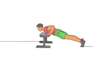 um único desenho de linha de exercício de jovem enérgico push-up com banco em ilustração vetorial gráfico de ginásio fitness center. conceito de esporte de estilo de vida saudável. design moderno de desenho de linha contínua vetor