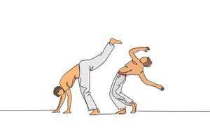 um único desenho de linha de dois jovens dançarinos de capoeira enérgico executam ilustração vetorial de luta dançante. conceito de esporte de estilo de vida de arte marcial tradicional. design moderno de desenho de linha contínua vetor