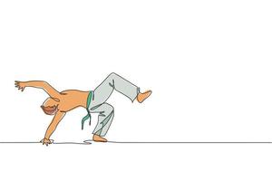 uma linha contínua desenhando jovem lutador brasileiro esportivo treinando capoeira na praia. conceito de esporte de luta tradicional saudável. ilustração em vetor gráfico de design de desenho de linha única dinâmica