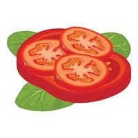 fresco vegetal ícone isométrico vetor. vermelho fresco tomate fatia e espinafre folha vetor