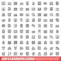 Conjunto de 100 ícones de e-learning, estilo de estrutura de tópicos vetor