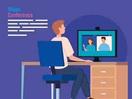 homem em uma videoconferência via computador vetor