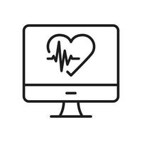 batimento cardiaco monitoramento. cardiologia diagnóstico. coração batida médico computador linha ícone. cardiograma, ecg, ekg linear pictograma. eletrocardiograma esboço ícone. editável AVC. isolado vetor ilustração.