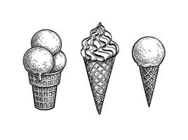 gelo creme cones. tinta esboço isolado em branco fundo. mão desenhado vetor ilustração. retro estilo.