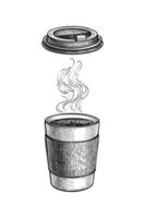 quente beber com vapor. papel copo e tampa. café para ir. pequeno tamanho. tinta esboço brincar isolado em branco fundo. mão desenhado vetor ilustração. retro estilo.