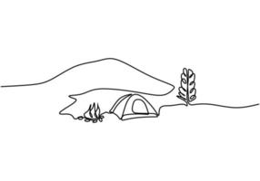 desenho de linha única contínua de uma tenda solitária nas montanhas com fogueira isolada no fundo branco. caravana de carro, trailer de viagem, campista, conceito de trailer de campista. estilo minimalista. vetor