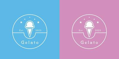 ilustração do uma minimalista sorvete logocriativo idéia ícone uma plano, simples silhueta do uma leite, gelo creme, e beber carimbo emblema.rápido Comida este é frio, rosa, e elegante colher cone sundae bebida vetor