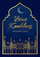 muçulmano feriado berat candili. vetor conceito do islâmico piedosos noite. tradução islâmico piedosos noite. cartão com uma linear dourado silhueta do a mesquita. vetor em Sombrio azul fundo