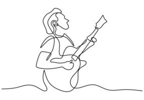 desenho de linha única de jovem tocando guitarra na fogueira. um homem que estava acampando estava se apresentando com um violão em uma fogueira isolada no fundo branco. acampamento para conceito de férias vetor
