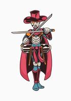 ilustração do robô samurai com chapéu vermelho vetor