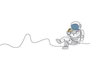 desenho de linha única contínua de astronauta sentado relaxando na superfície da lua e comendo um delicioso taco mexicano. ficção de fantasia do conceito de vida do espaço sideral. ilustração em vetor desenho desenho de uma linha na moda