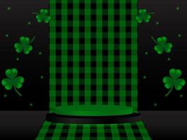 realista Preto e verde 3d cilindro pedestal pódio em xadrez fundo com trevo folha por aí isto. mínimo etapa para produtos demonstração, publicidade exibição vetor