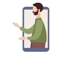 homem em Smartphone tela. face em exibição Telefone. blogueiro dentro Móvel telefone. diferente social meios de comunicação ícone. vetor plano ilustração