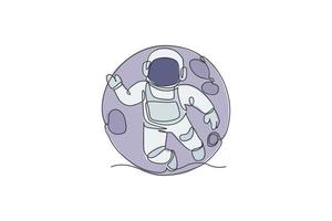 desenho de linha única contínua do astronauta científico flutuante em uma caminhada no espaço, voando contra a lua cheia. exploração do espaço profundo de fantasia, conceito de ficção. ilustração em vetor desenho desenho de uma linha na moda