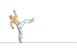 um desenho de linha contínua do jovem lutador brasileiro esportivo treinando capoeira na praia. conceito de esporte de luta tradicional saudável. ilustração em vetor design de desenho de linha única dinâmica
