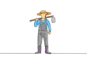 único desenho de um jovem agricultor carregando enxadas nos ombros e pronto para ir para a fazenda. agricultura desafio conceito minimalista. linha contínua moderna desenhar design gráfico ilustração vetorial vetor