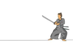 único desenho de linha contínua de jovem guerreiro samurai forte vestindo uniforme tradicional segurando a espada no festival. antigo conceito de soldado lutador. ilustração em vetor design de desenho de uma linha na moda