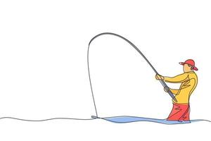 um desenho de linha contínua de jovem pescador feliz em pé e pescando um peixe no lago fluindo. conceito de férias de passatempo de lazer de pesca. ilustração em vetor gráfico de desenho de linha única dinâmica