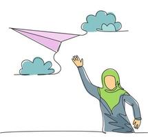 única linha contínua desenho jovem mulher de negócios árabe acenando com a mão para voar o avião de papel. gerente profissional. conceito de metáfora do minimalismo. ilustração em vetor desenho gráfico dinâmica de uma linha