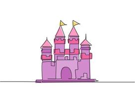 um único desenho de linha de um castelo em um parque de diversões com quatro torres e duas bandeiras. um forte que contém uma atmosfera de conto de fadas. ilustração em vetor gráfico desenho linha contínua